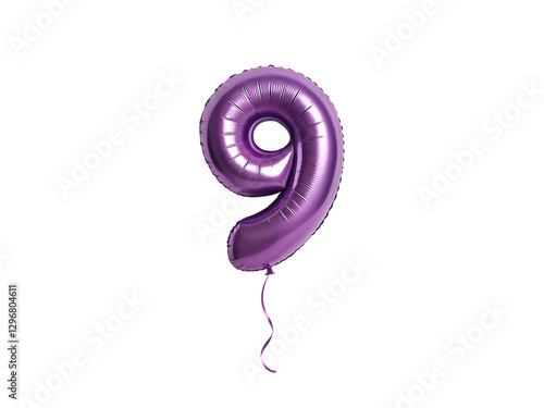 Purple Metallic Number 9 Balloon on Transparent for Elegant Party Display, PNG Transparent photo