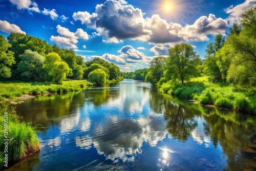 Serene River Scene: Blue Sky, Trees, Tranquil Water