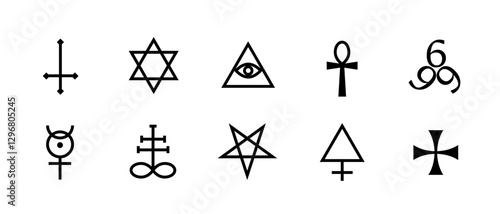 A minimalistic black pentagram icon with geometric lines and occult symbols, representing mysticism, spirituality, and esoteric talismans, ideal for Gothic designs.