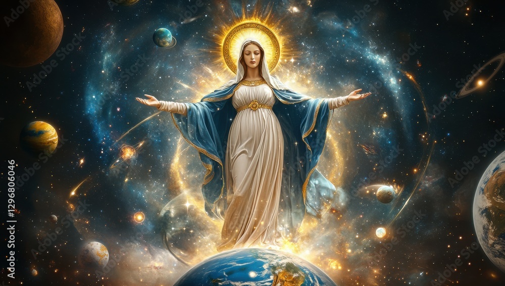 Celestial figure surrounded by a cosmic backdrop with planets and stars