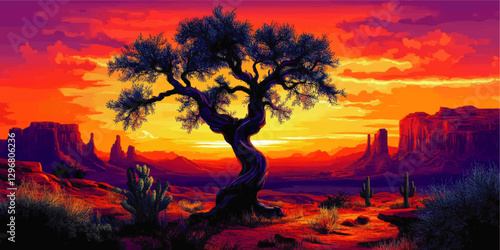 Vibrant Vector Illustration of a Desert Sunset with Lone Tree and Cacti against Radiant Red and Orange Sky, Capturing the Essence of the Southwestern Landscape