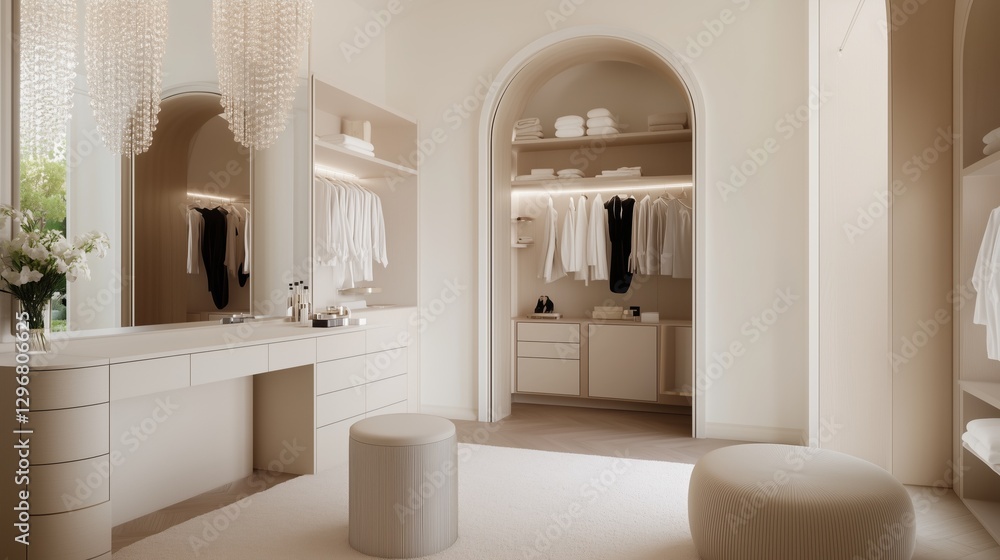 Elegant Closet Interior: A luxurious closet interior, featuring minimalist design, arched doorways, custom cabinetry. Elegant Closet Interior: A luxurious closet interior, featuring minimalist design, arched doorways, custom cabinetry.