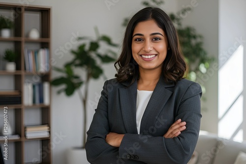 Young woman, mid-20s, cute and beautiful  South Asian ethnicity, smiling and making a thumbs-up sign, dressed in a loose-fitting, black blouse, seated in front of a laptop computer on a light-brown wo