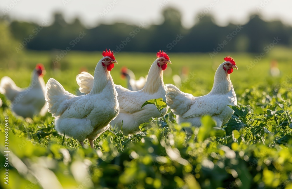 Group of White Chickens Standing Among Green Fields Under Bright Sunlight in a Rural Farm Setting with Lush Vegetation and Blurred Background Group of White Chickens Standing Among Green Fields Under Bright Sunlight in a Rural Farm Setting with Lush Vegetation and Blurred Background