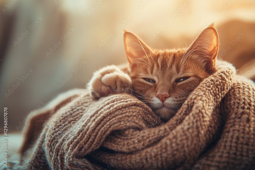 Cozy Ginger Cat Nestled in a Soft Knit Blanket in Warm Light Cozy Ginger Cat Nestled in a Soft Knit Blanket in Warm Light