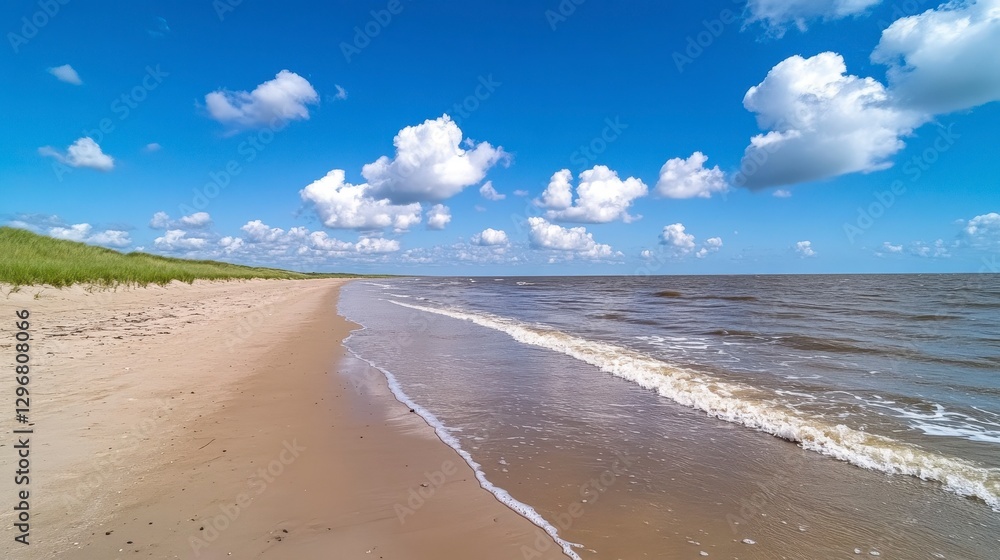 Serene Beach Landscape with Turquoise Water and Fluffy Clouds Serene Beach Landscape with Turquoise Water and Fluffy Clouds