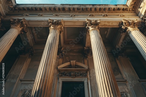 A historic Roman-style building with tall marble columns  intricate architectural details  and a grand fa  ade  reflecting the timeless elegance and legacy of classical architecture