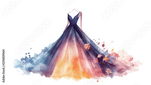 A digital watercolor illustration depicting a long, flowing gown. The gown is predominantly dark blue and purple at the top, transitioning to orange and pink hues towards the bottom. The