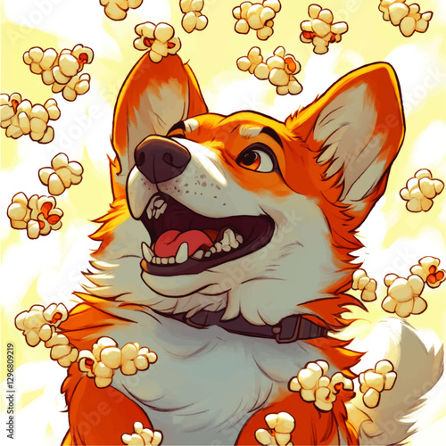 Joyful Corgi Surrounded by Popping Popcorn in a Playful Animated Vector Style - Perfect for Dog Lovers, Animation Fans, and Unique Popcorn-Themed Art Seekers