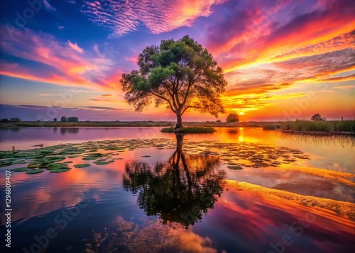 Serene Sunset Lake with Painted Tree & Lily Pads - Peaceful Nature Scene