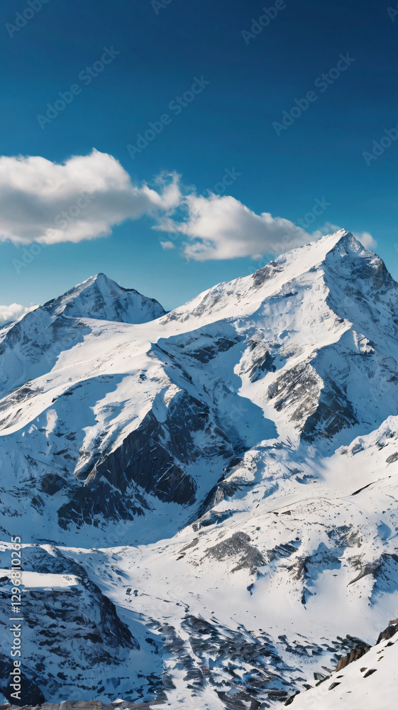 The image displays a breathtaking view of snow covered mountain peaks under a clear blue sky with a few scattered clouds. The image displays a breathtaking view of snow covered mountain peaks under a clear blue sky with a few scattered clouds.
