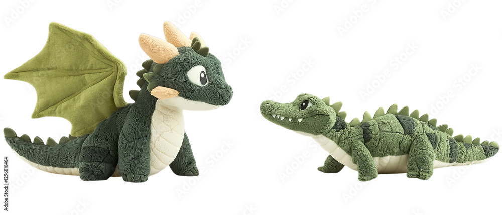 Obraz premium Png of Adorable Green Dragon and Crocodile Plush Toys Soft Stuffed Animal Figures for Kids and Collectors on transparent background.