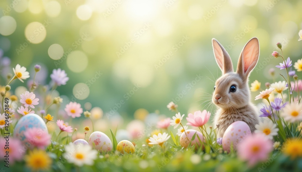 Fototapeta premium Adorable Brown Rabbit Colorful Easter Eggs Spring Flowers Soft Focus Green Bokeh Background - Easter Celebration Spring Marketing Materials