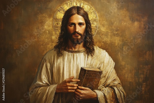 Jesus Christ holding a book with a radiant halo in a serene setting creating a sense of peace and reverence