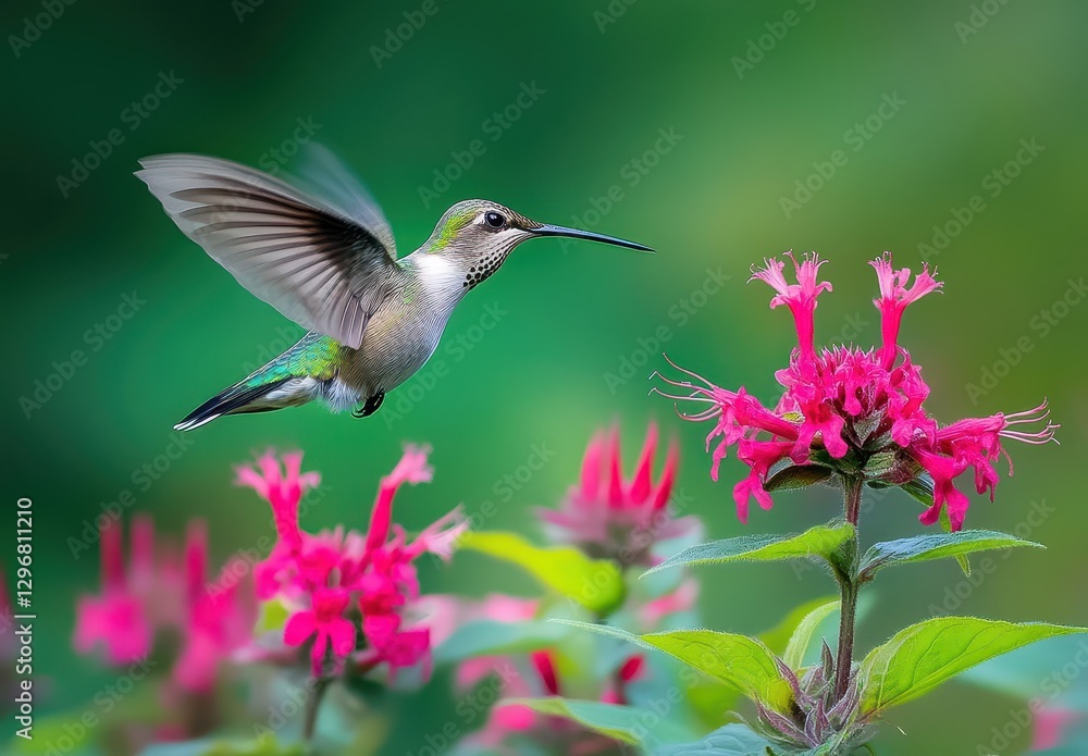 Fototapeta premium Hummingbird in Flight, Hovering Near Vibrant Pink Flowers in a Lush Green Background, Capturing the Beauty of Nature in an Outdoor Garden Setting