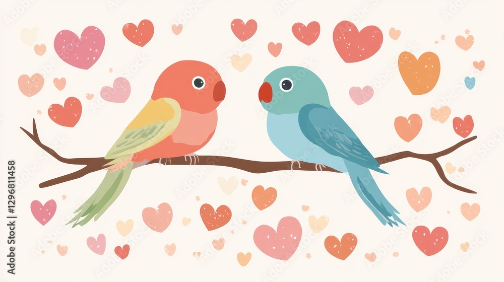 Two Cute Lovebirds on Branch Surrounded by Hearts Illustration Two Cute Lovebirds on Branch Surrounded by Hearts Illustration