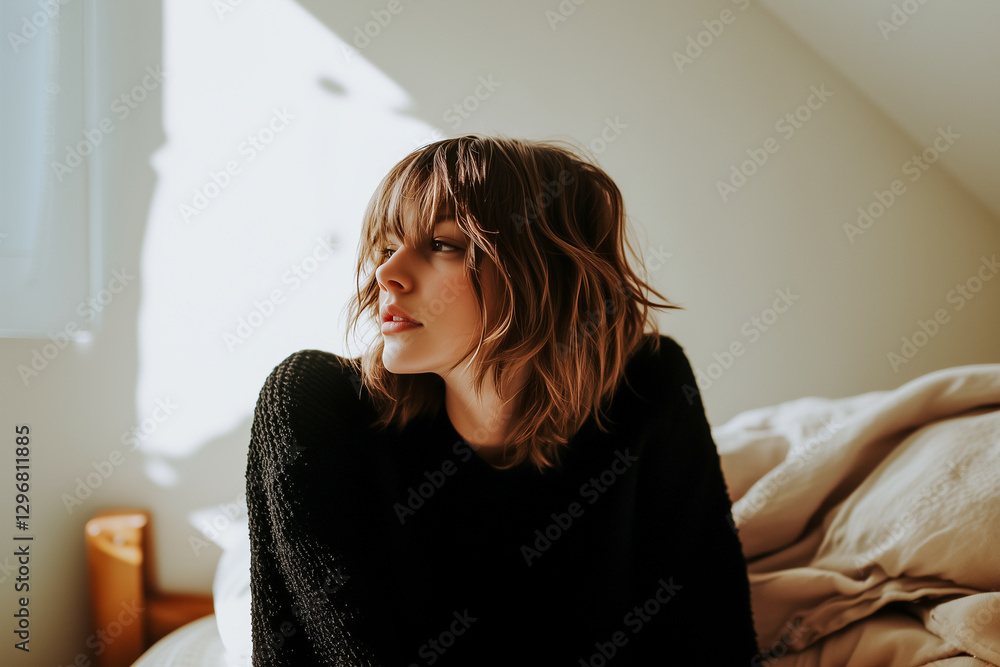 A woman with brown hair is sitting on a bed