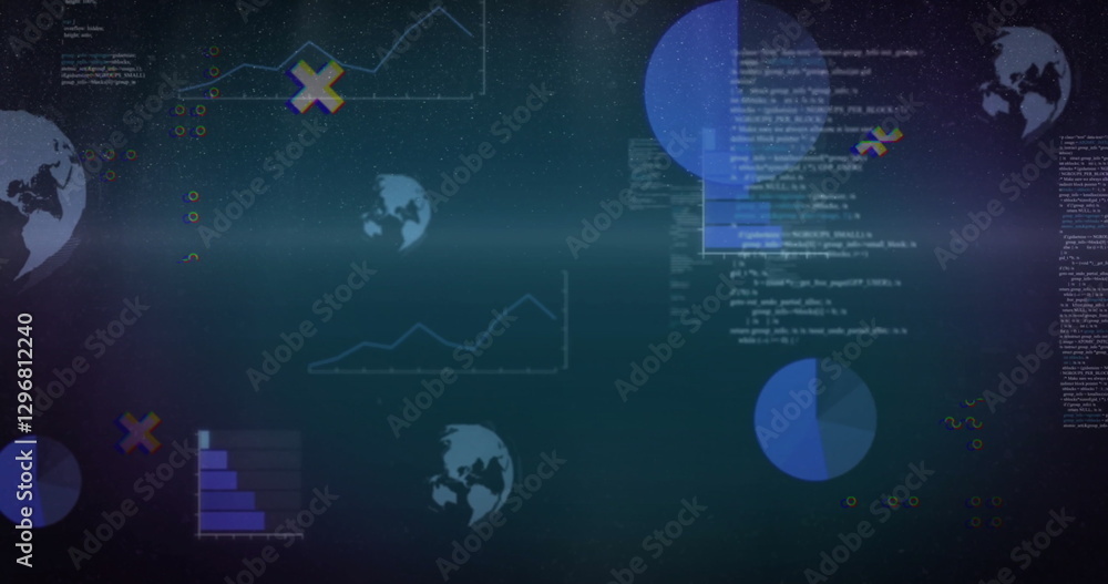 Obraz premium Image of digital data processing over globes on dark background