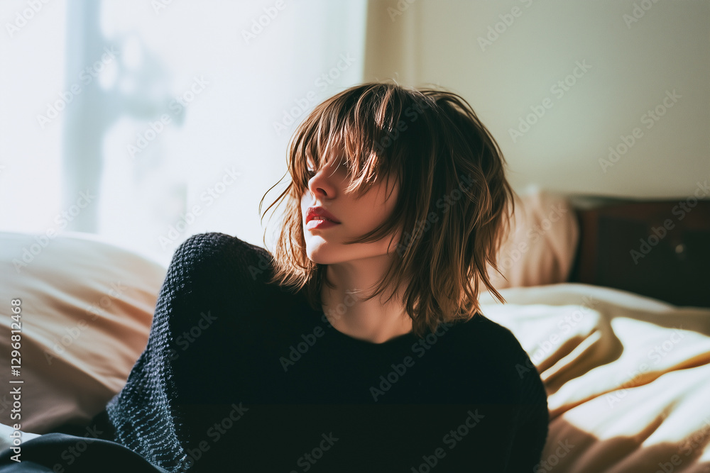 A woman with short brown hair is laying on a bed