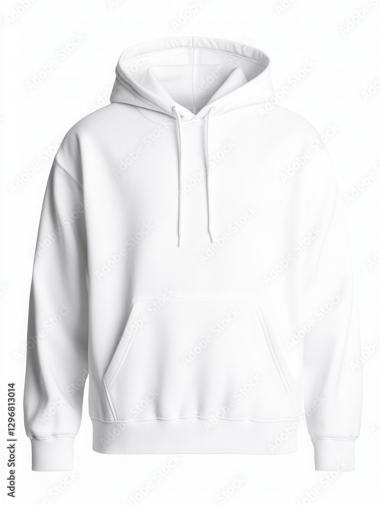 Plain white hoodie with front pocket and hood on a white background. Plain white hoodie with front pocket and hood on a white background.