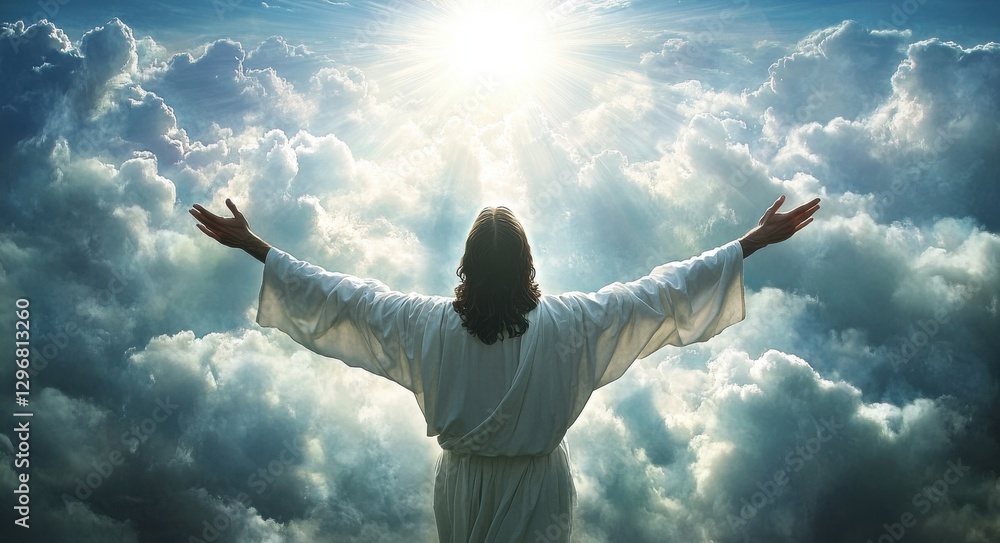 Spiritual figure stands in front of radiant light emerging from the clouds at sunrise in a serene atmosphere Spiritual figure stands in front of radiant light emerging from the clouds at sunrise in a serene atmosphere