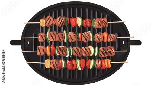 Top-down close-up shot of several meat and vegetable skewers arranged on a round, black grill.  The skewers contain pieces of meat and colorful vegetables such as bell peppers and zucchini. The