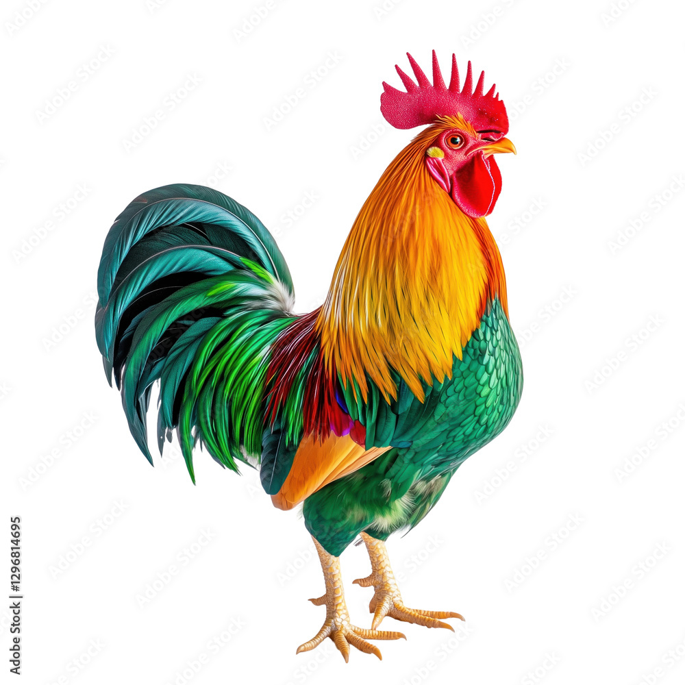 Fototapeta premium Colorful Rooster with Vibrant Feather Details isolated on white or transparent background, png. Easy to place on any other background