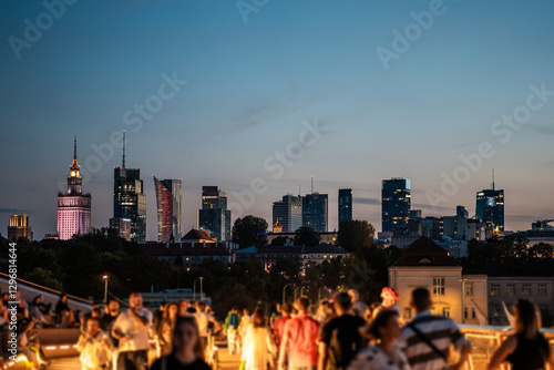sunset over skyline of Warsaw city with skyscrapers and downtown district, crowd of people walking, tourist travel destination, rush hour in capital of Poland 4k, vertical video footage