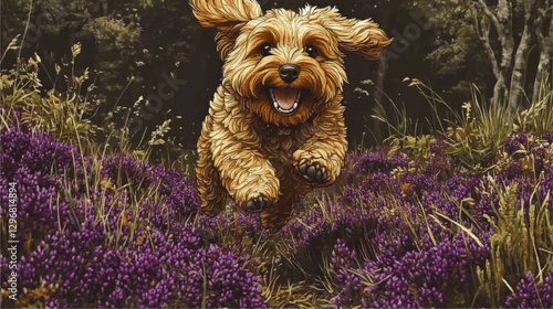 Playful Dog Running Through Vibrant Purple Flowers in Lush Forest - Joyful Pet Adventure in Nature - Happy Golden Dog Leaping with Euphoria in Spring Meadow