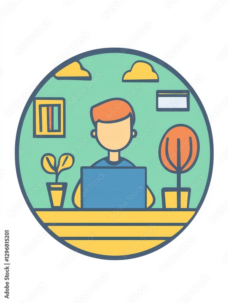 Cartoon illustration of person working on laptop at desk with plants.