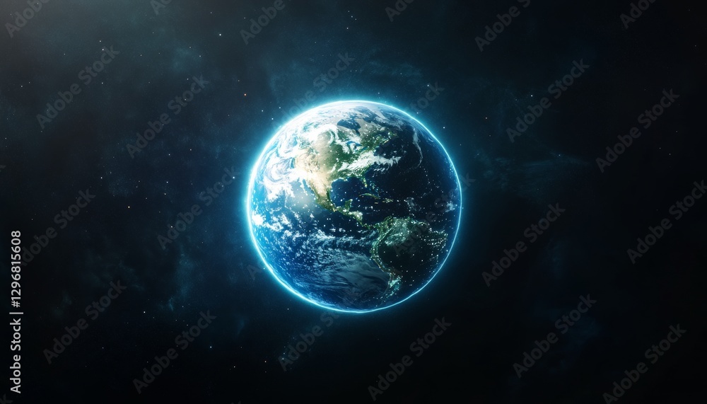 Planet Earth, A Blue Sphere Glowing in the Vastness of Dark Space, Surrounded by Nebulous Aura Planet Earth, A Blue Sphere Glowing in the Vastness of Dark Space, Surrounded by Nebulous Aura