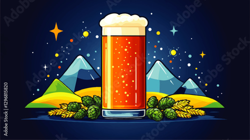 Vibrant Craft Beer Illustration with Hops and Wheat Set Against Mountains and Starry Night Sky - Perfect for Brewery Branding and Beer Enthusiasts