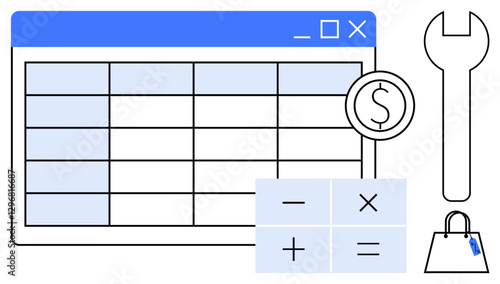 Spreadsheet icon with currency symbol, calculator keypad, wrench, shopping bag. Ideal for financial planning, budgeting, e-commerce, tools and services, calculation shopping analysis digital tools
