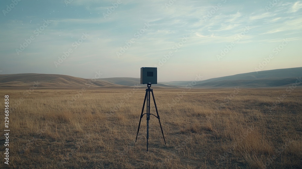 Naklejka premium Cube on Tripod in Vast Field Under Evening Sky Landscape