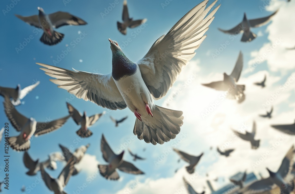 Fototapeta premium Majestic Action of Birds in Flight with Spreading Wings Against a Bright Sky in a Stunning Natural Environment