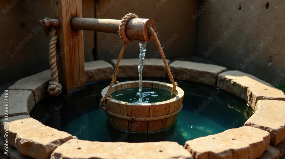 Rustic wooden well bucket filling with flowing water in a stone basin Rustic wooden well bucket filling with flowing water in a stone basin