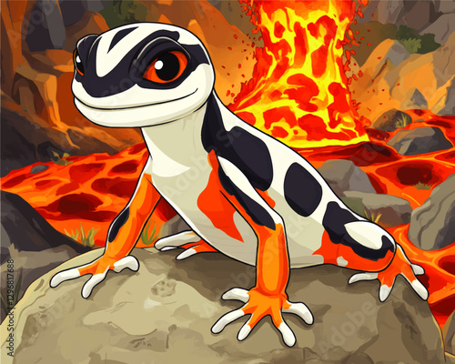 Vibrant Salamander Vector Art Amidst Explosive Volcano Eruption with Fiery Lava Flow and Rocky Landscape Background - Cartoon Amphibian Illustration Essentials