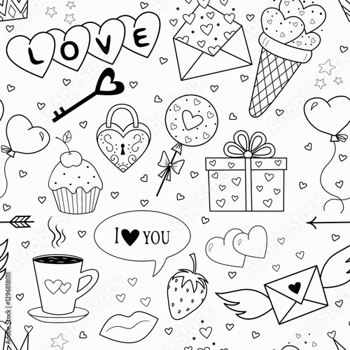 Vector background in the style of doodles for Valentine's Day. Seamless pattern with cute cartoon valentine accessories for printing on fabric, textiles, gift wrapping paper, for a wedding