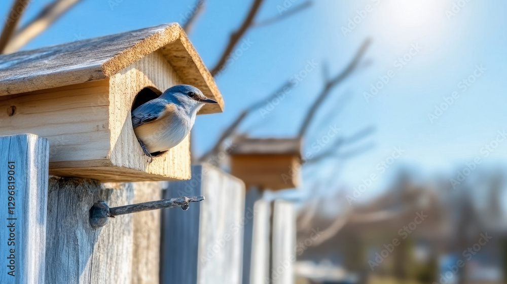 Bluebird in wooden birdhouse on sunny day Bluebird in wooden birdhouse on sunny day