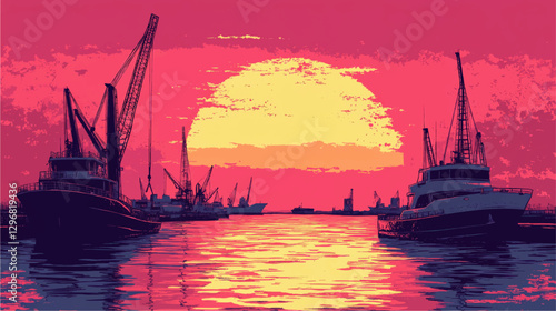 Stunning Vector Art of Harbor with Ships and Cranes Against a Vibrant Pink Sunset Reflecting on Water - Maritime and Nautical Scene Illustration