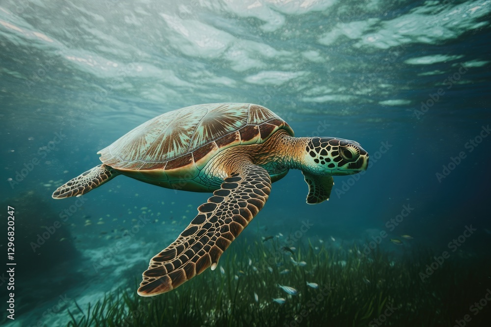 Fototapeta premium Graceful turtle gliding through crystal-clear waters, surrounded