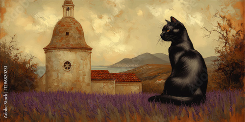 Charming Vector Illustration of Black Cat Amidst Lavender Field with Rustic Chapel, Mediterranean Landscape, Tranquil Coastal Scene, Perfect for Artistic Decor