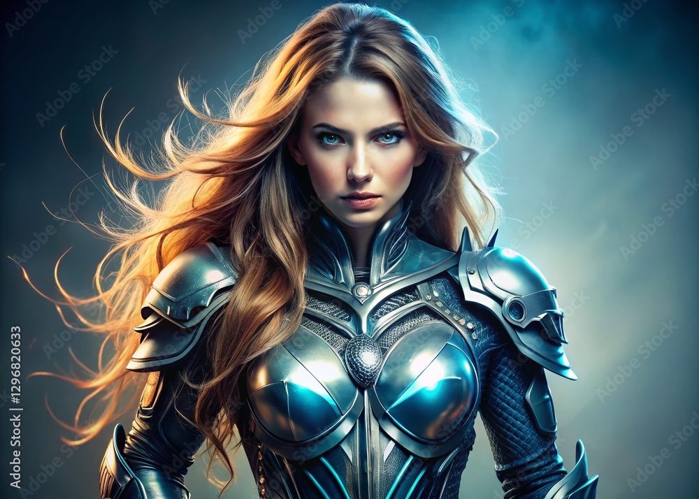 Obraz premium Futuristic Warrior Woman: Long Hair, High-Tech Armor, Studio Portrait