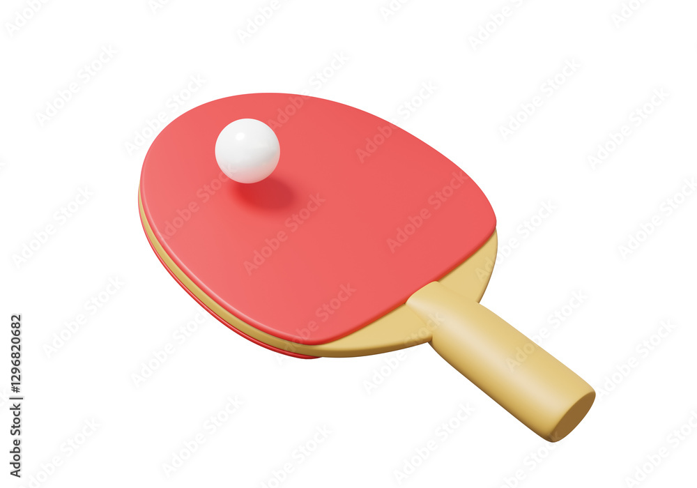 Fototapeta premium Ping pong bat sporting concept. Red color table tennis racket with white ball game activity indoor on isolated transparent png background. 3d render illustration