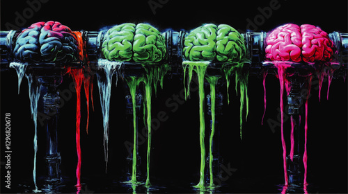 Vibrant Vector Art of Colorful Brains Dripping on Pipes Against Dark Background - Creative Neural Design, Surreal Illustration, Artistic Interpretation, Bold Colors