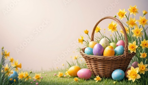 Colorful Easter Eggs Wicker Basket Surrounded Daffodils Soft Pink Background - Vibrant Spring Floral Arrangement Easter Celebrations, Family Gatherings, Holi Promotions