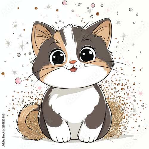 Adorable Calico Kitten Vector Illustration with Sparkling Stars and Glitter - Cute Cartoon Cat Art for Children's Decor, Greeting Cards, and Merchandise