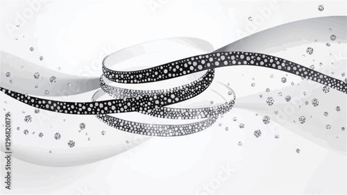 The image depicts an abstract design featuring a black and white wave pattern. The primary elements are two intertwining, curving lines that create a sense of motion and fluidity.  The darker wave