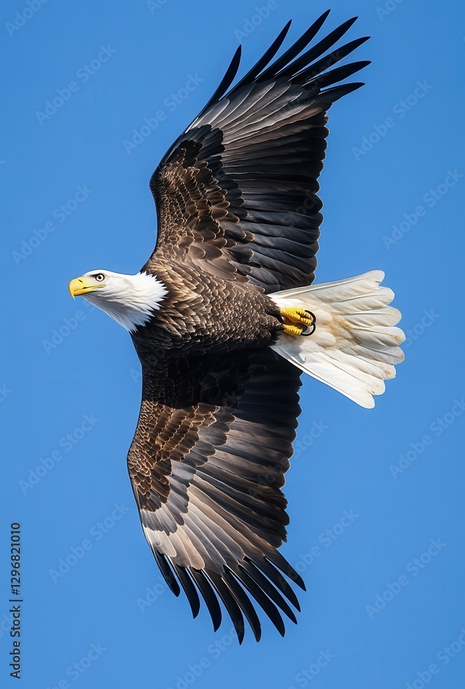 Fototapeta premium Majestic Bald Eagle Gliding Gracefully Through Clear Blue Sky with Outstretched Wings and Bright White Head Feathers Captured in Stunning Detail