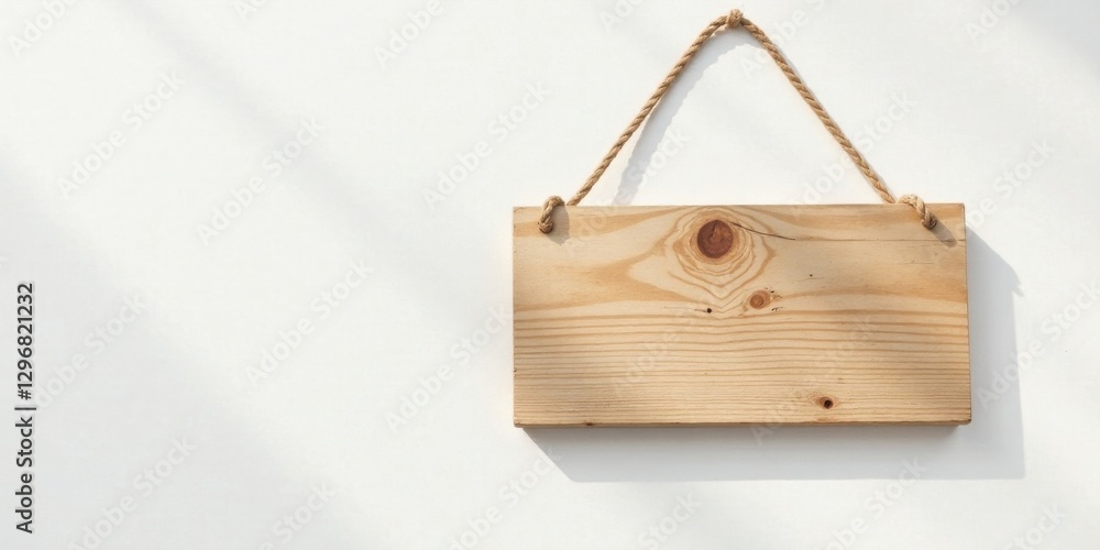 A Blank Wooden Signboard Hanging on a White Wall with Soft Light and Shadow A Blank Wooden Signboard Hanging on a White Wall with Soft Light and Shadow